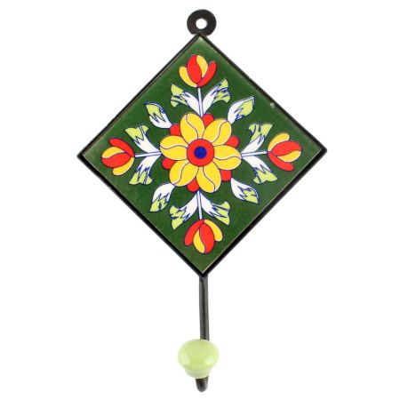 Forest Green Flower Ceramic Tile Wall Hook